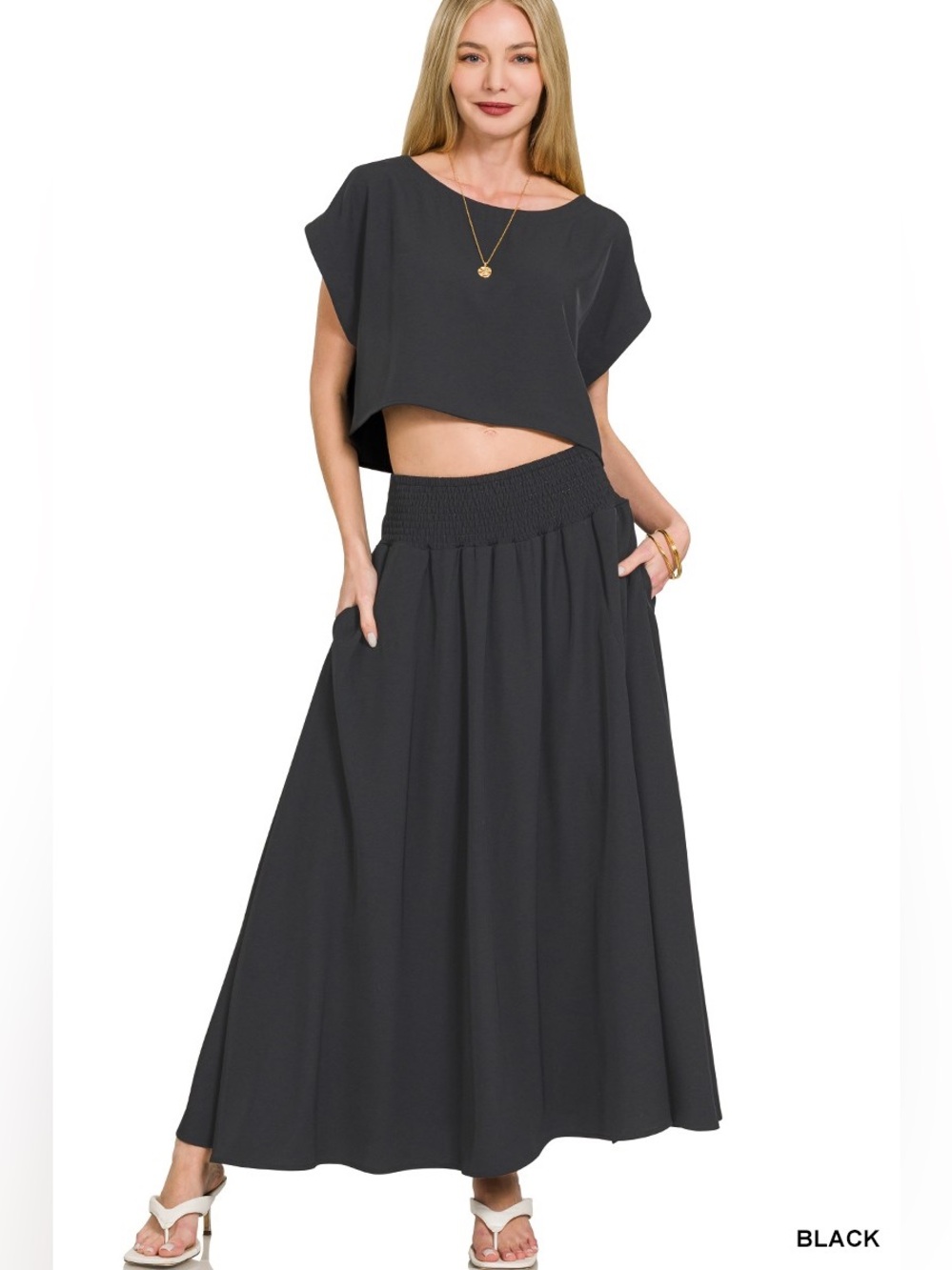 Zenana Black 2 Piece Crop Top Smocked Maxi Skirt Set Boho Resort Size M NWOT - Picture 2 of 8
